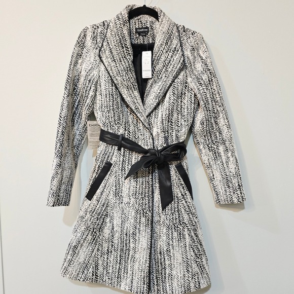 bebe Jackets & Blazers - bebe B&W Herringbone Wrap Coat | Size Small |faux Leather Trim Belted Coat | NWT